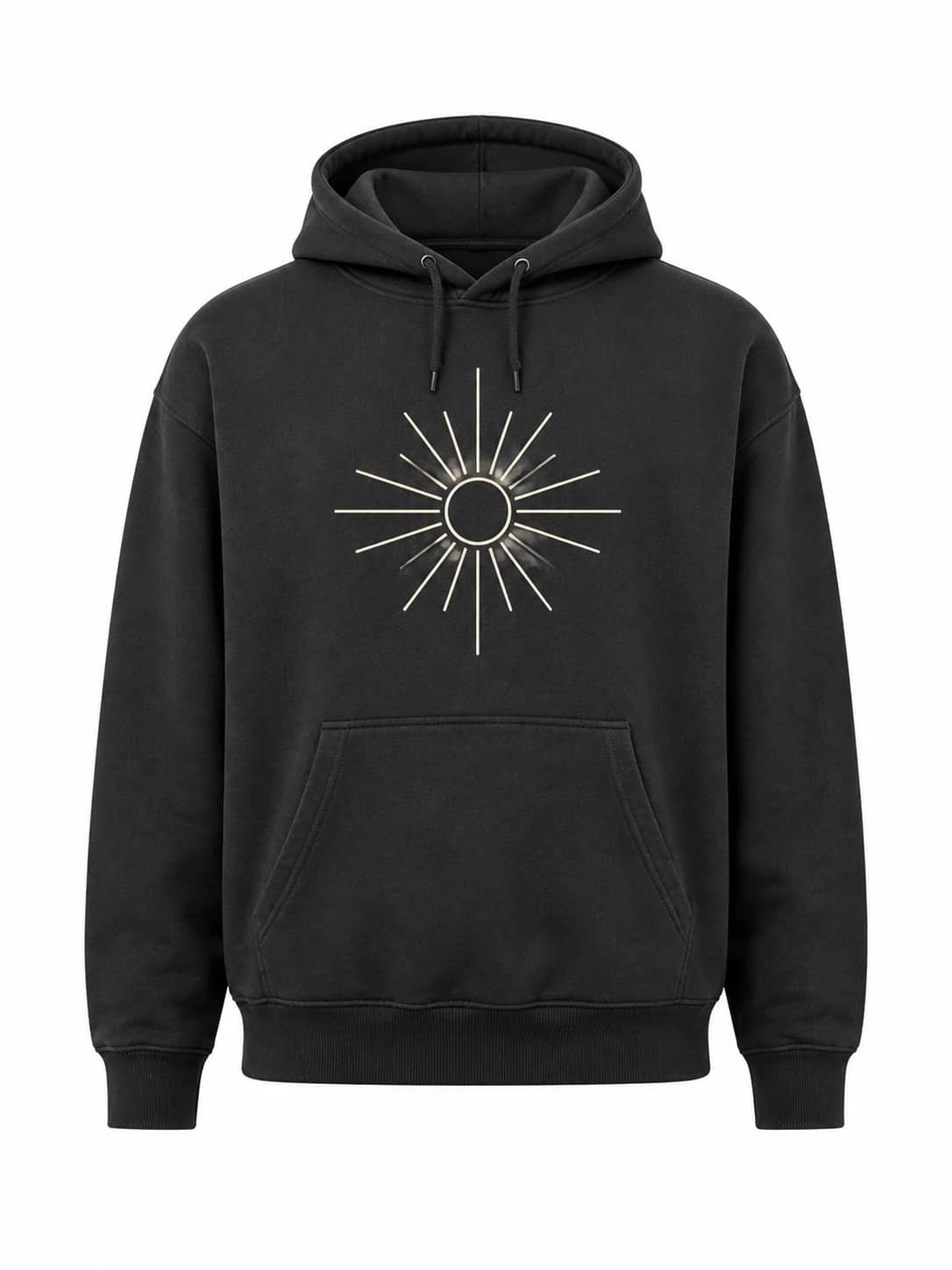 Black graphic hoodie photographed on an invisible ghost mannequin