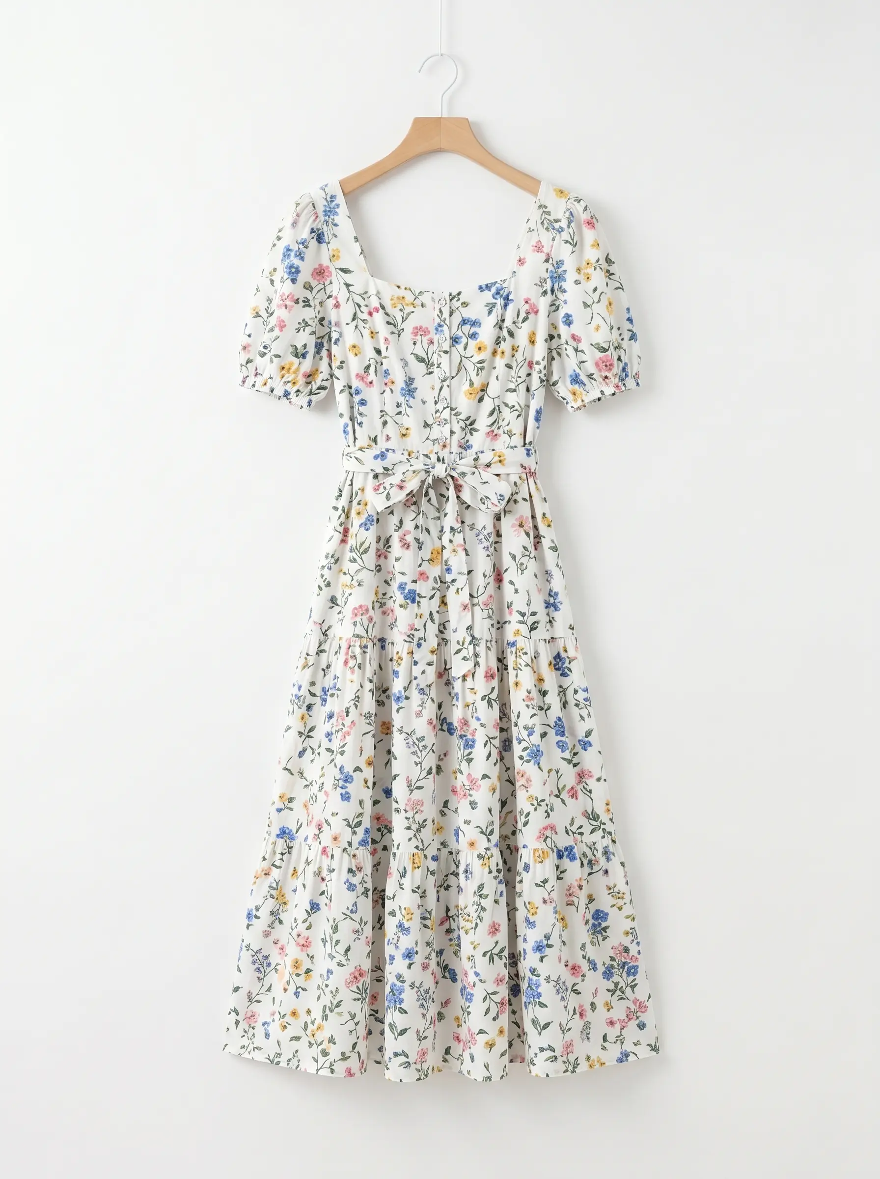 White floral dress garment reference on a hanger