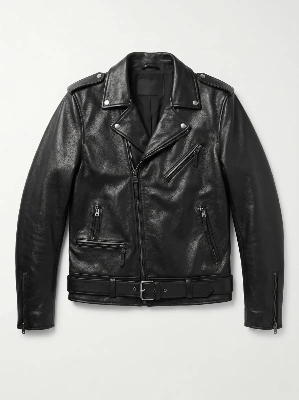 Black leather biker jacket clothing reference