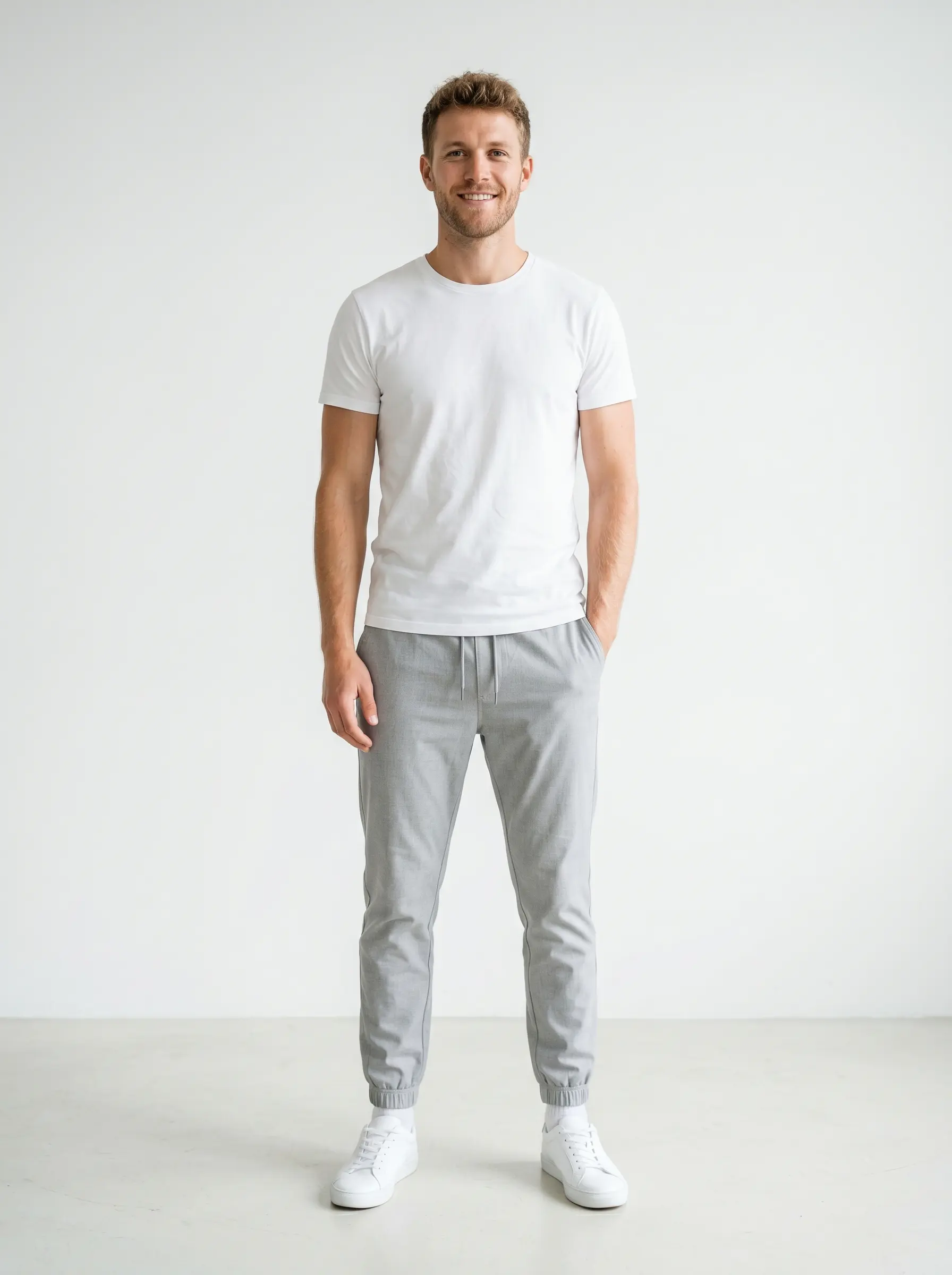 Preset fashion model: man in a plain white T-shirt and grey joggers on a neutral studio background