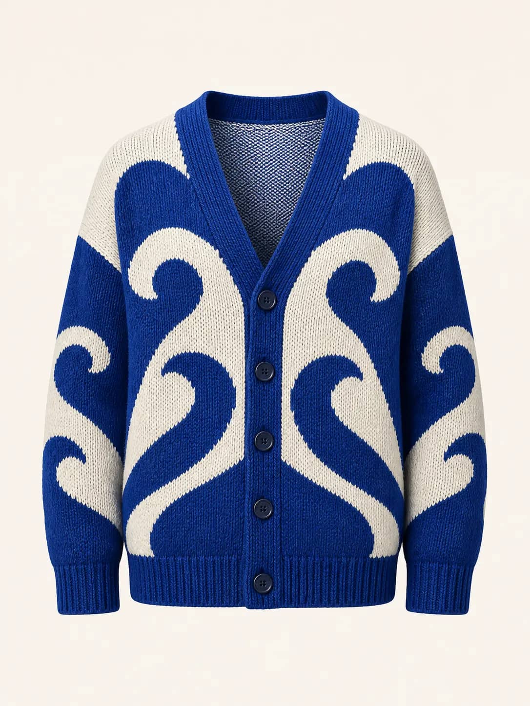 Cobalt blue and ivory wave-pattern knit cardigan used as a virtual try-on clothing reference