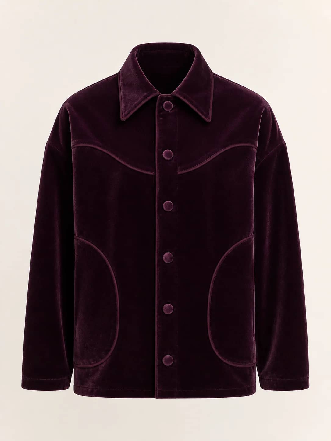 Deep plum velvet overshirt jacket used as a virtual try-on clothing reference