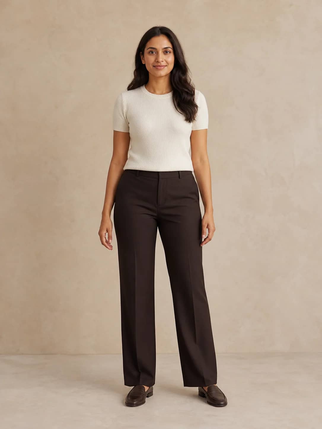 South Asian woman in an ivory knit top and dark brown trousers used as a virtual try-on person photo