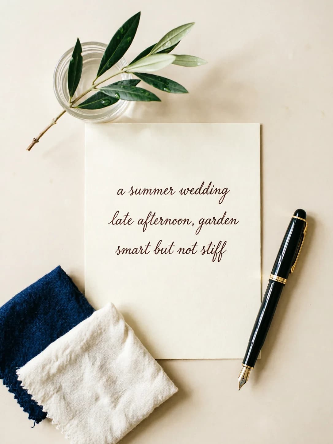 Handwritten occasion brief that anchors the generated result: a summer wedding, late afternoon, garden, smart but not stiff