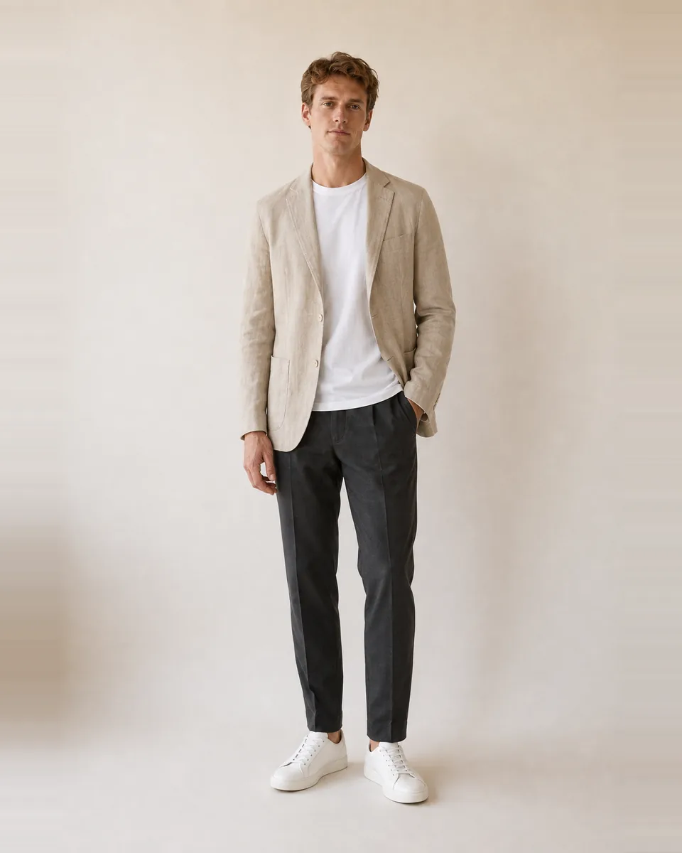 Generated result: tailored linen suit styled from a text description