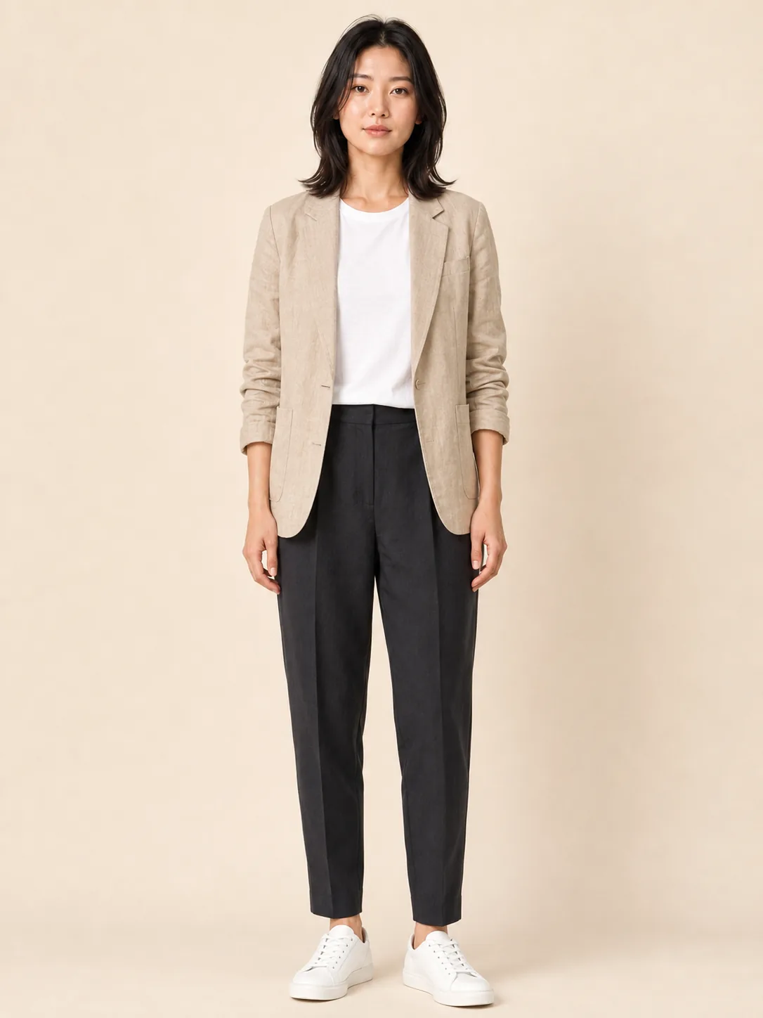 Generated result: a tailored linen suit look styled from a written description onto the first person photo