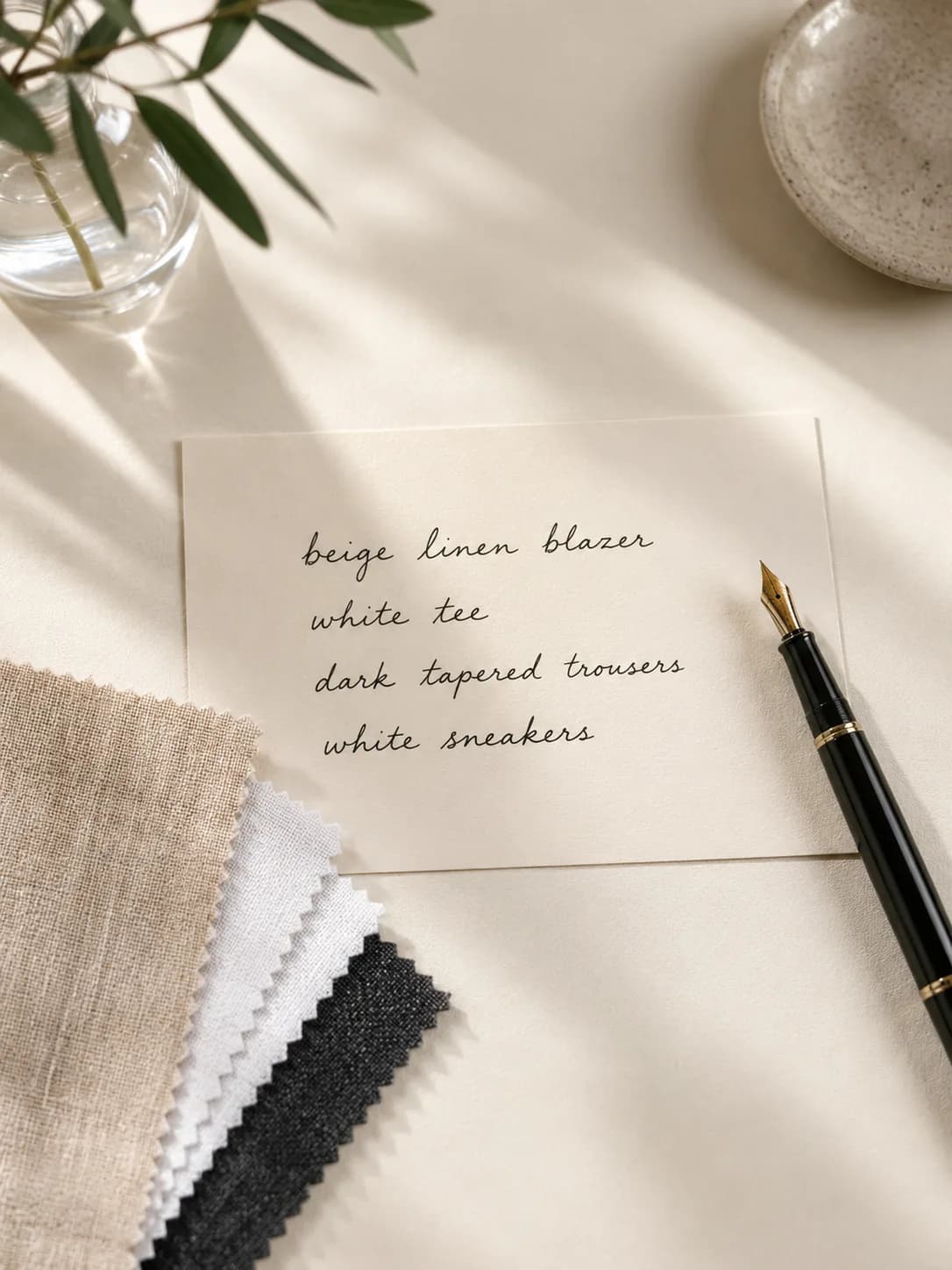 A handwritten outfit brief and fabric swatches on a desk, standing in for the written description step