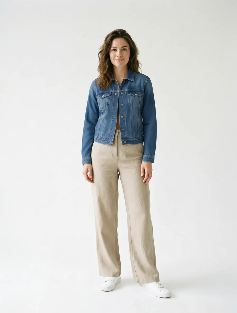 AI-generated virtual try-on result of the person wearing the jacket