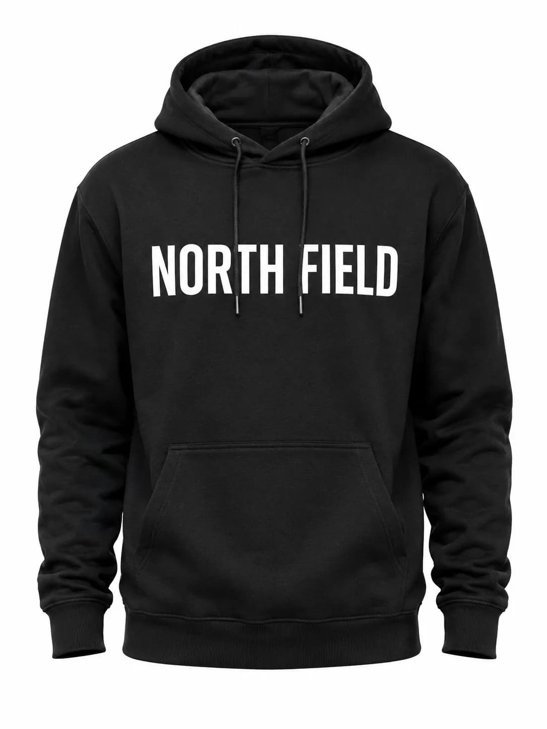 Black hooded sweatshirt product photo with a printed chest logo