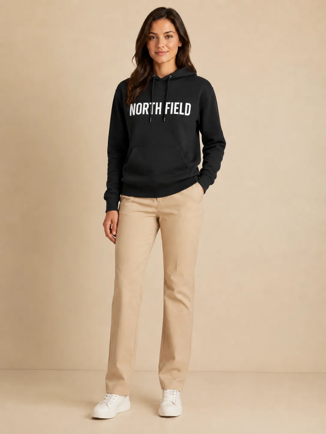 AI on-model image of the model wearing the black hoodie with the chest print still readable