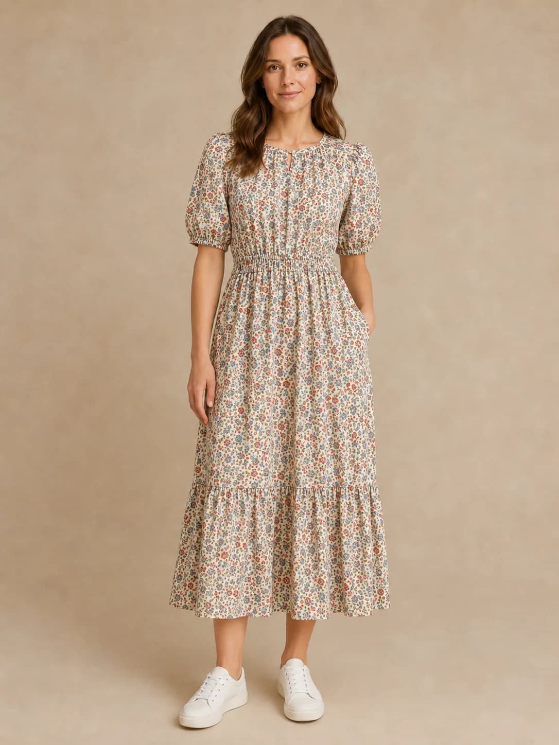 AI on-model image of the model wearing the floral midi dress with the print density preserved