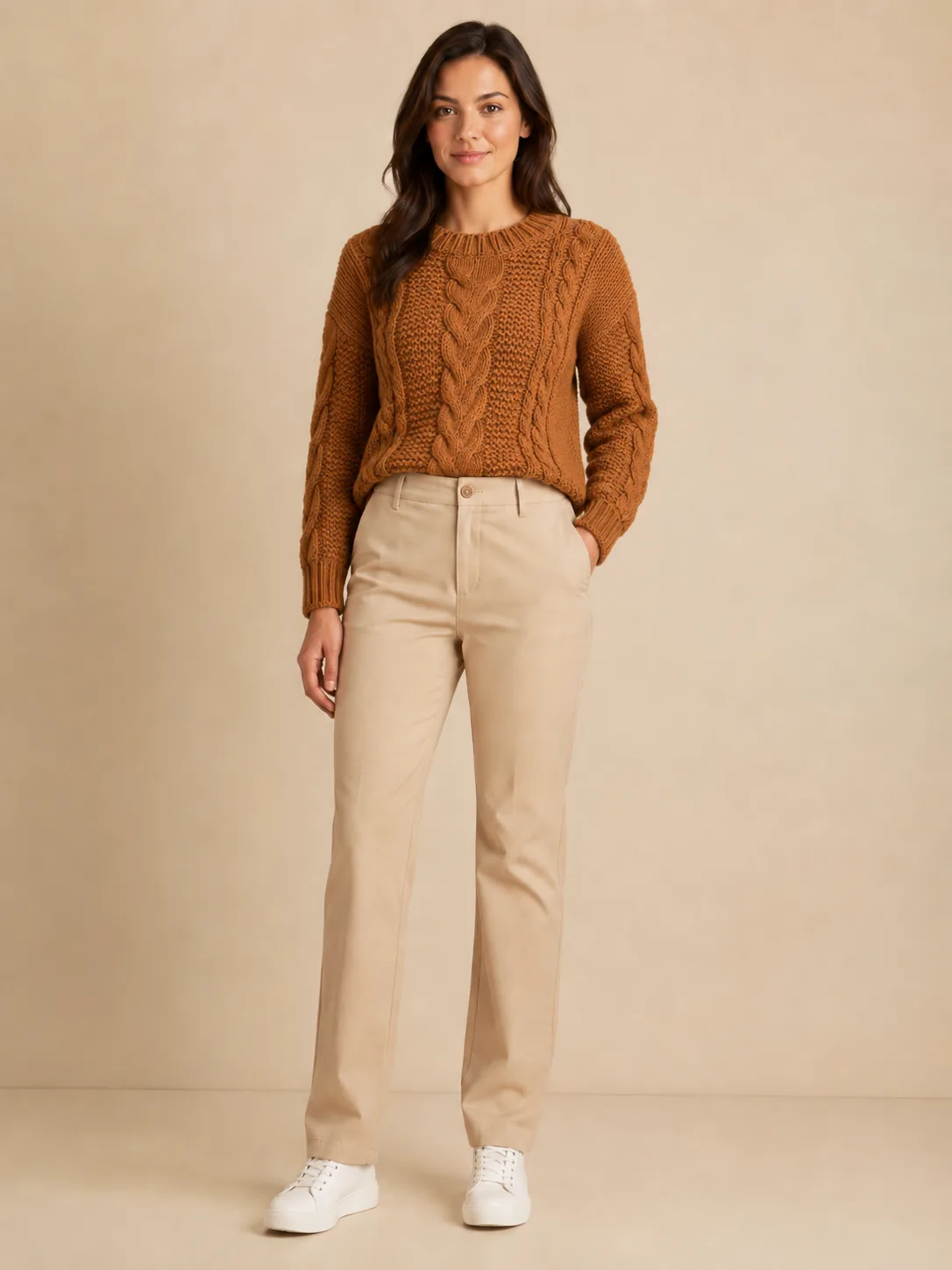 AI on-model image of the model wearing the caramel cable-knit sweater