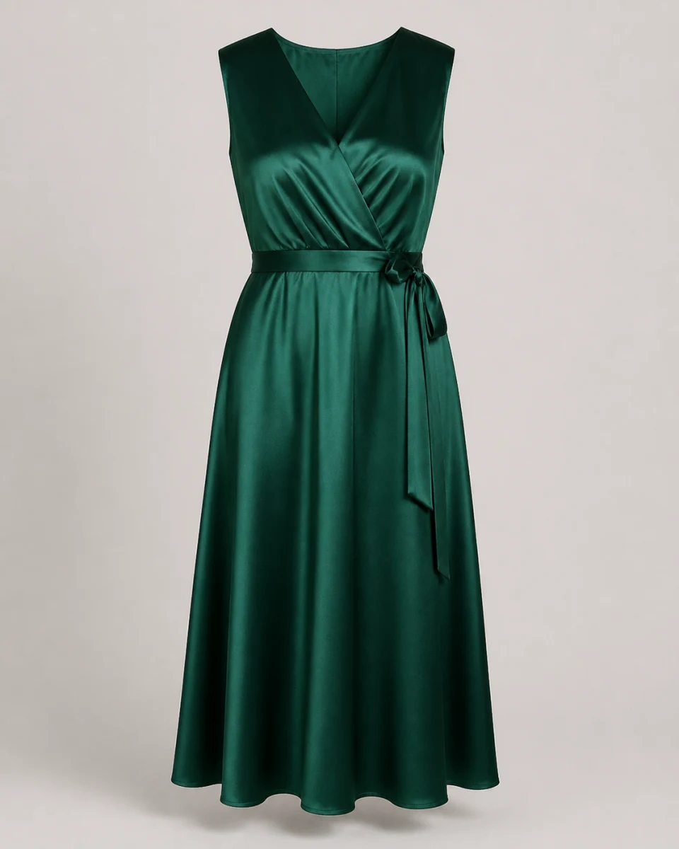 Emerald-green satin wrap midi dress used as the garment reference