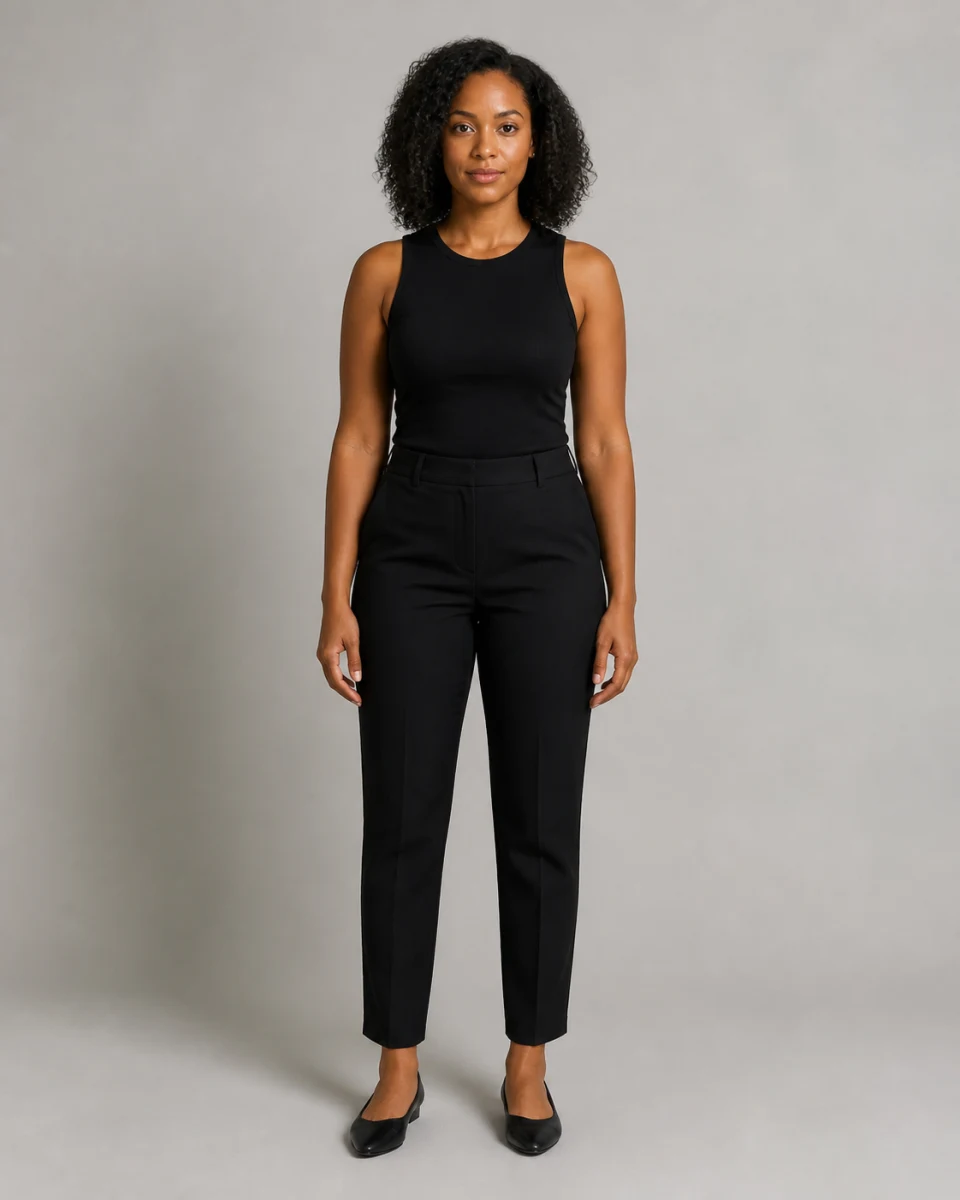 Adult woman in a simple black outfit used as the virtual try-on person photo