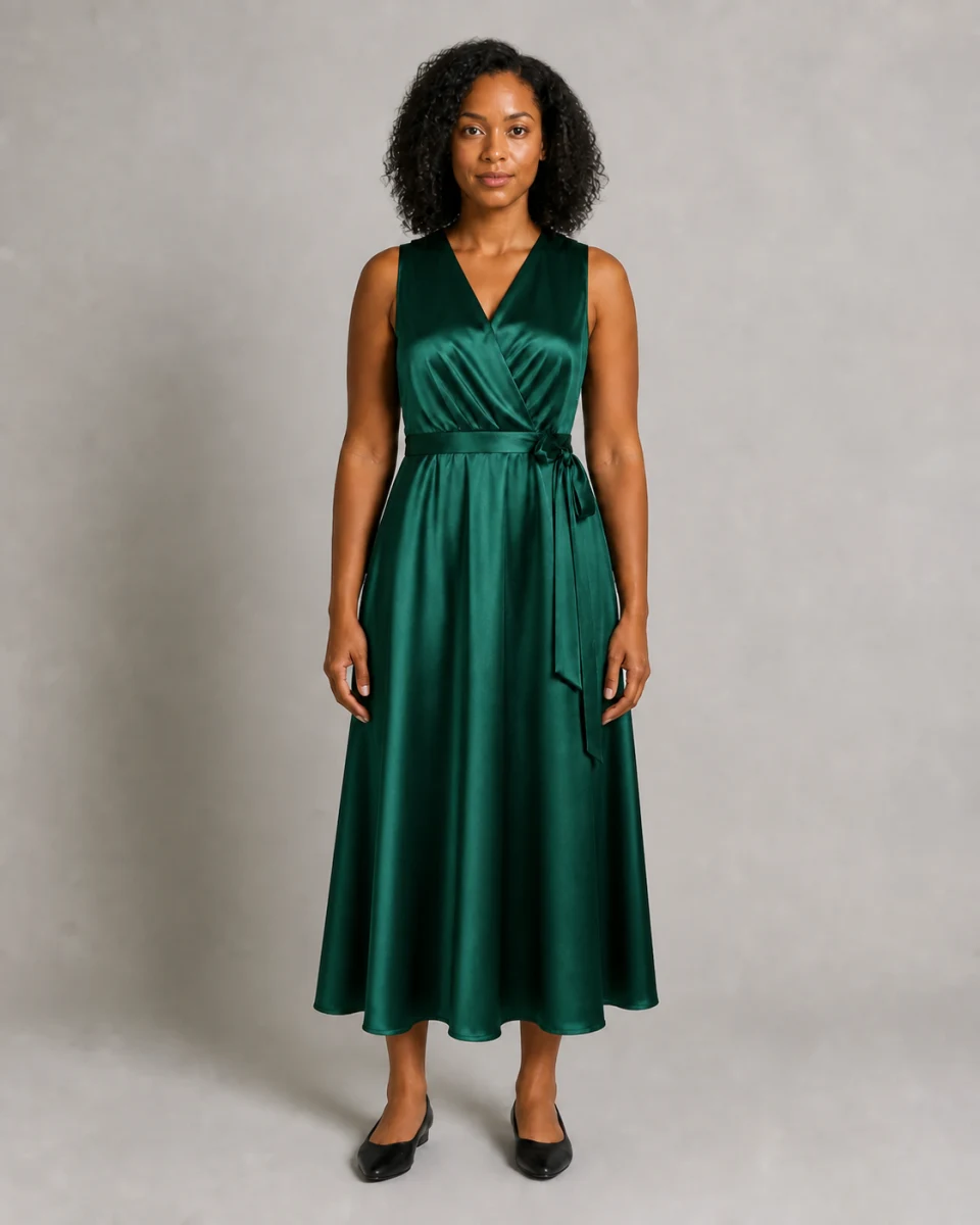 AI virtual try-on result showing the same woman wearing the emerald satin dress