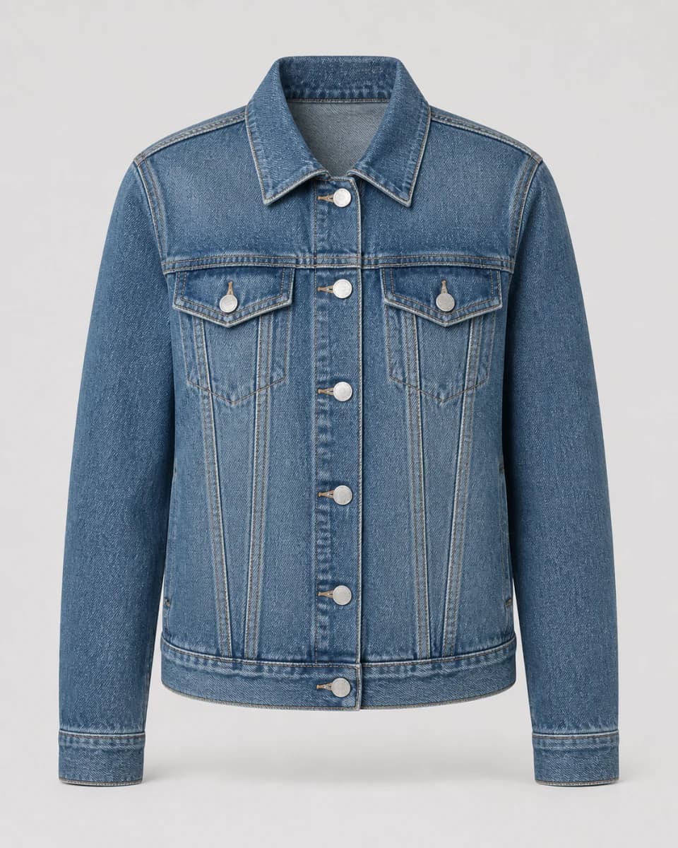 Medium-wash blue denim jacket product image used as the garment reference