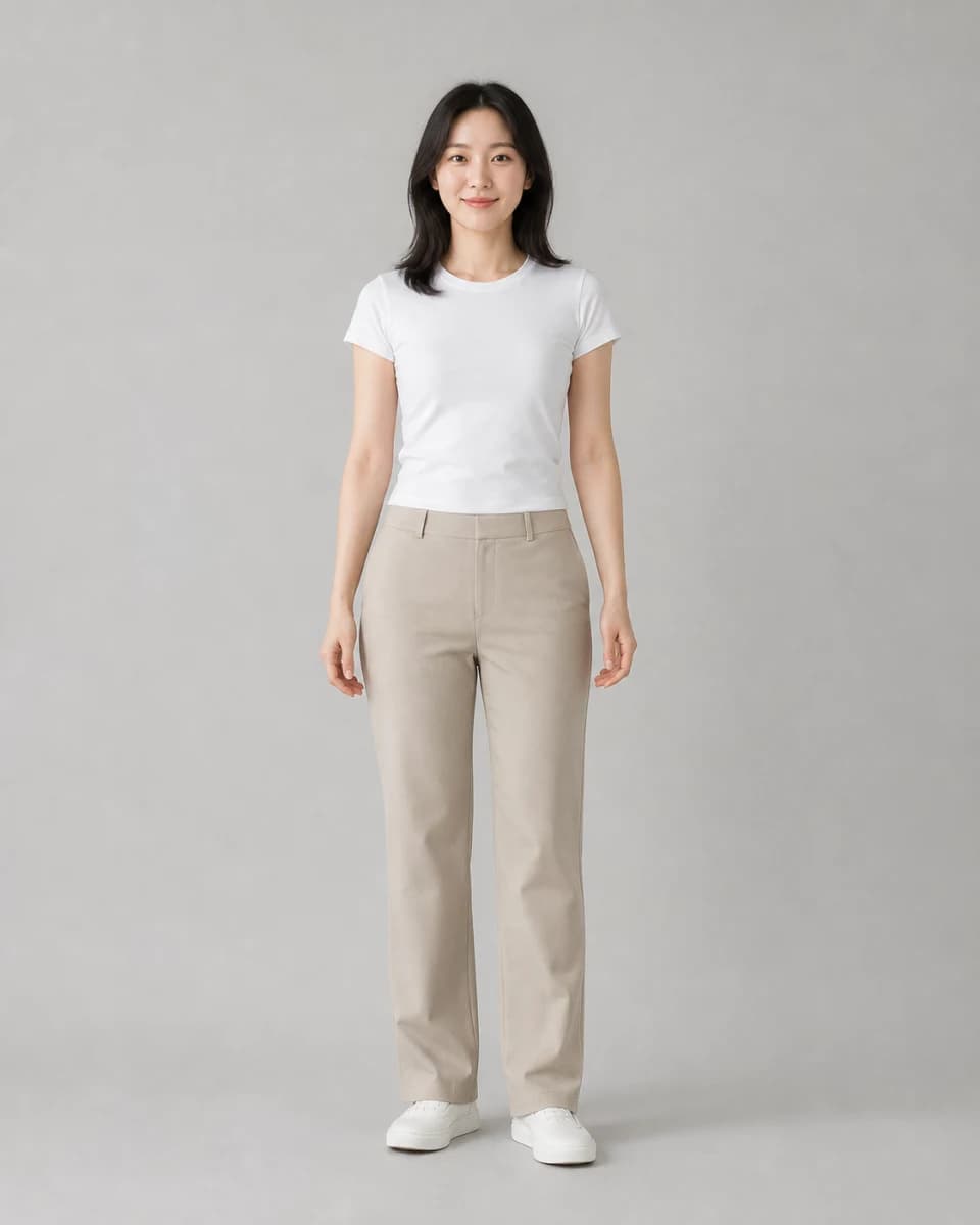 Adult woman in a white T-shirt and beige trousers used as the virtual try-on person photo