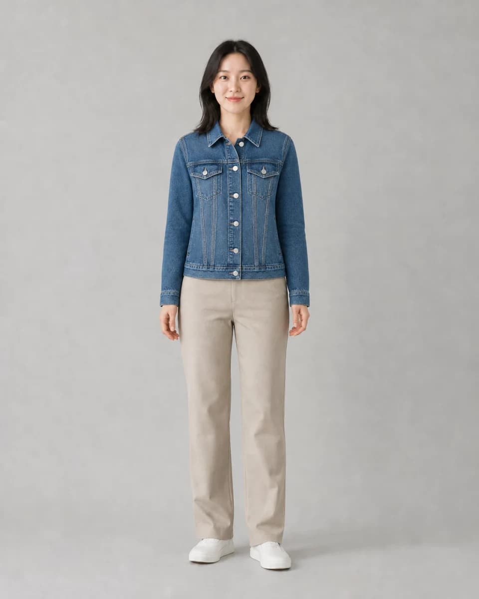 AI virtual try-on result showing the same woman wearing the blue denim jacket