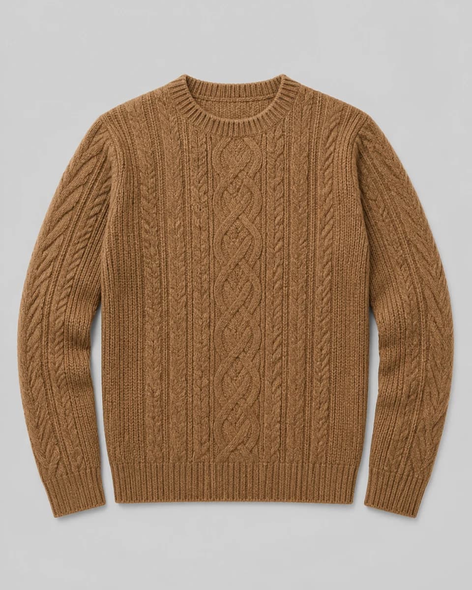 Camel-brown cable-knit crew-neck sweater shown as a flat-lay garment reference