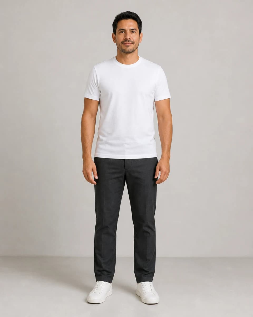 Adult man in a white T-shirt and dark trousers used as the virtual try-on person photo