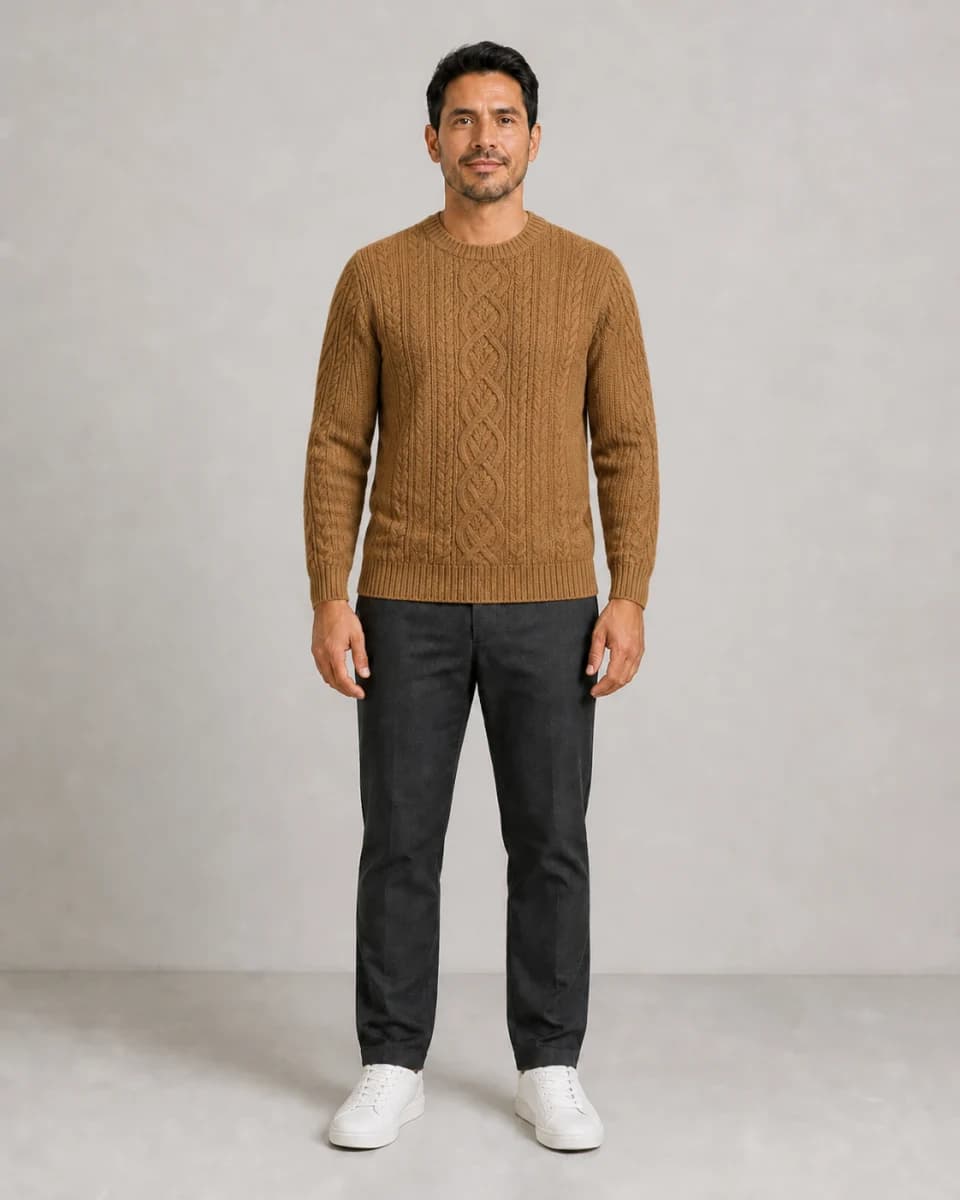 AI virtual try-on result showing the same man wearing the camel cable-knit sweater