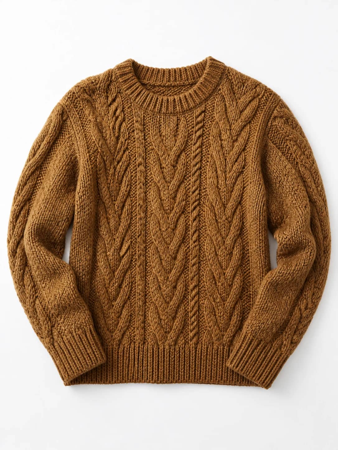 Caramel cable-knit sweater shown as a flat-lay clothing product photo